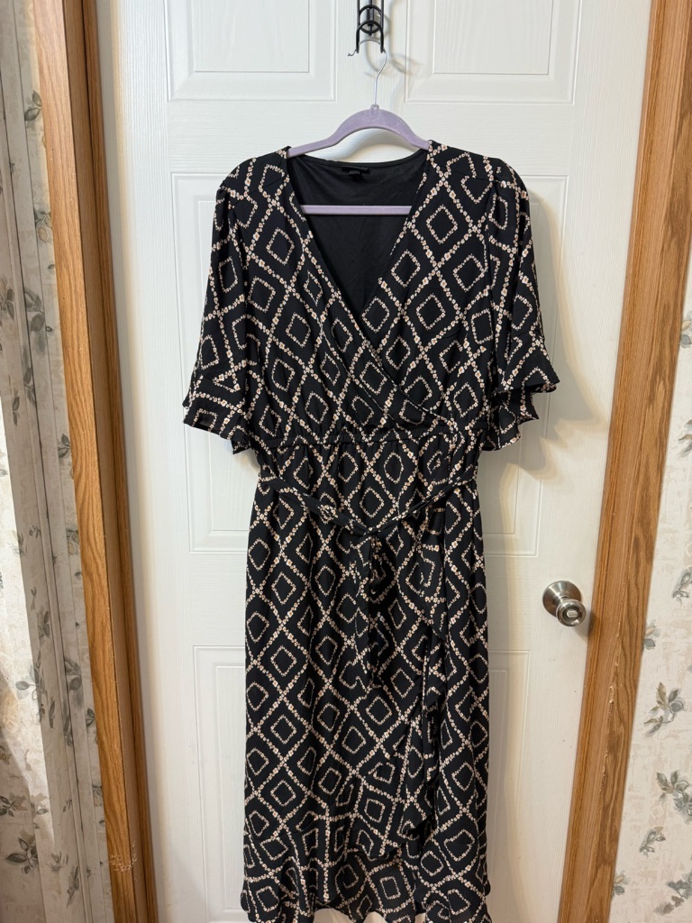 torrid Black Midi Wrap Dress with Cream Geometric Print